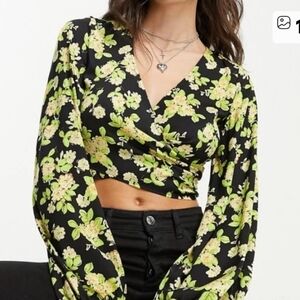 INDUSTRI Black Green Floral Wrap Front Crop Top Long Sleeve Y2K Sz XS